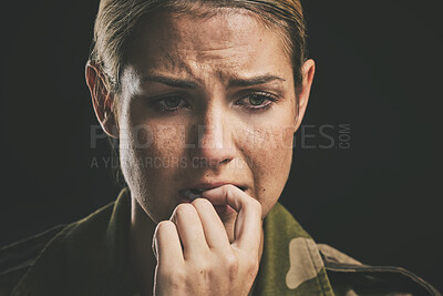 Buy stock photo Soldier, anxiety and depression bite nails on hand to help with nerves in closeup with black background. Woman, mental health and stress from army with mind of fear, panic and ptsd from military work