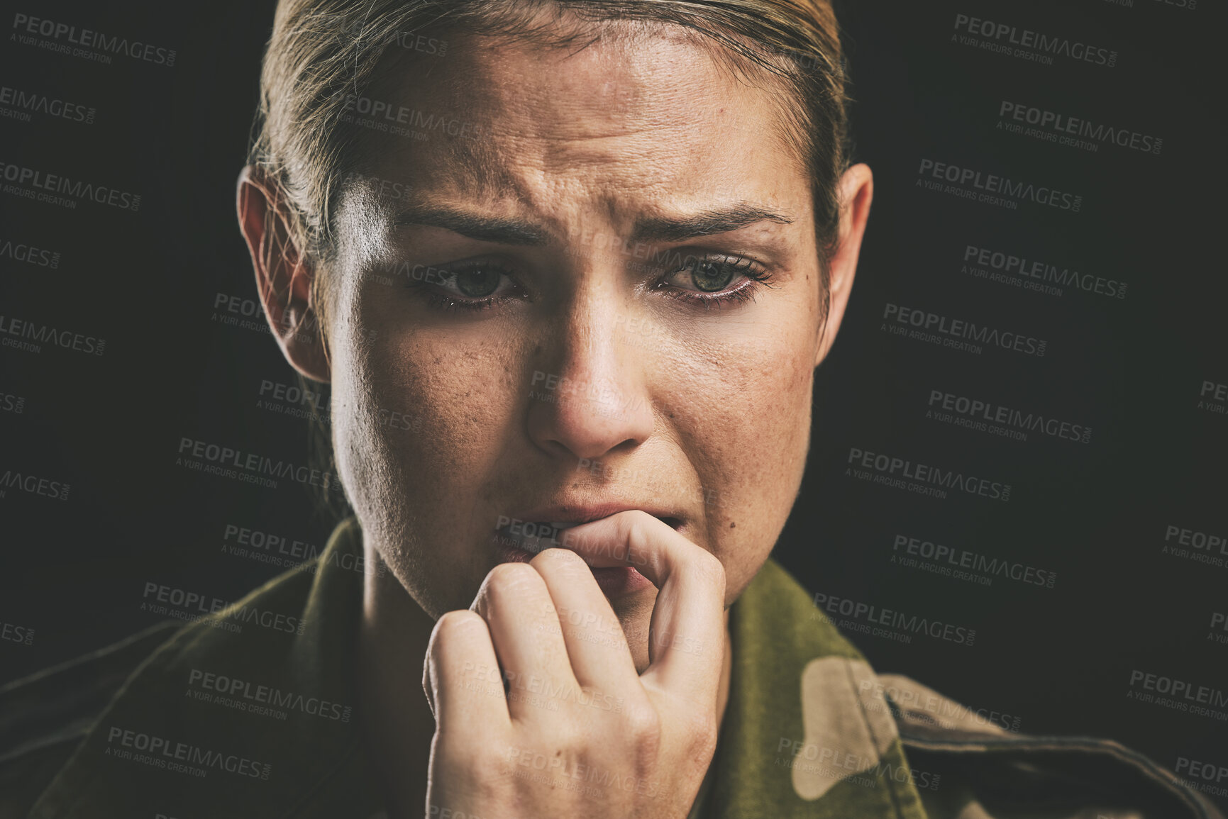 Buy stock photo Soldier, anxiety and depression bite nails on hand to help with nerves in closeup with black background. Woman, mental health and stress from army with mind of fear, panic and ptsd from military work
