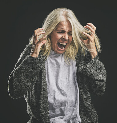 Buy stock photo Frustrated, angry scream of elderly woman with mental health issue in retirement with mock up. Rage of senior lady suffering with anger, ptsd and depression problem in old age shouting.


