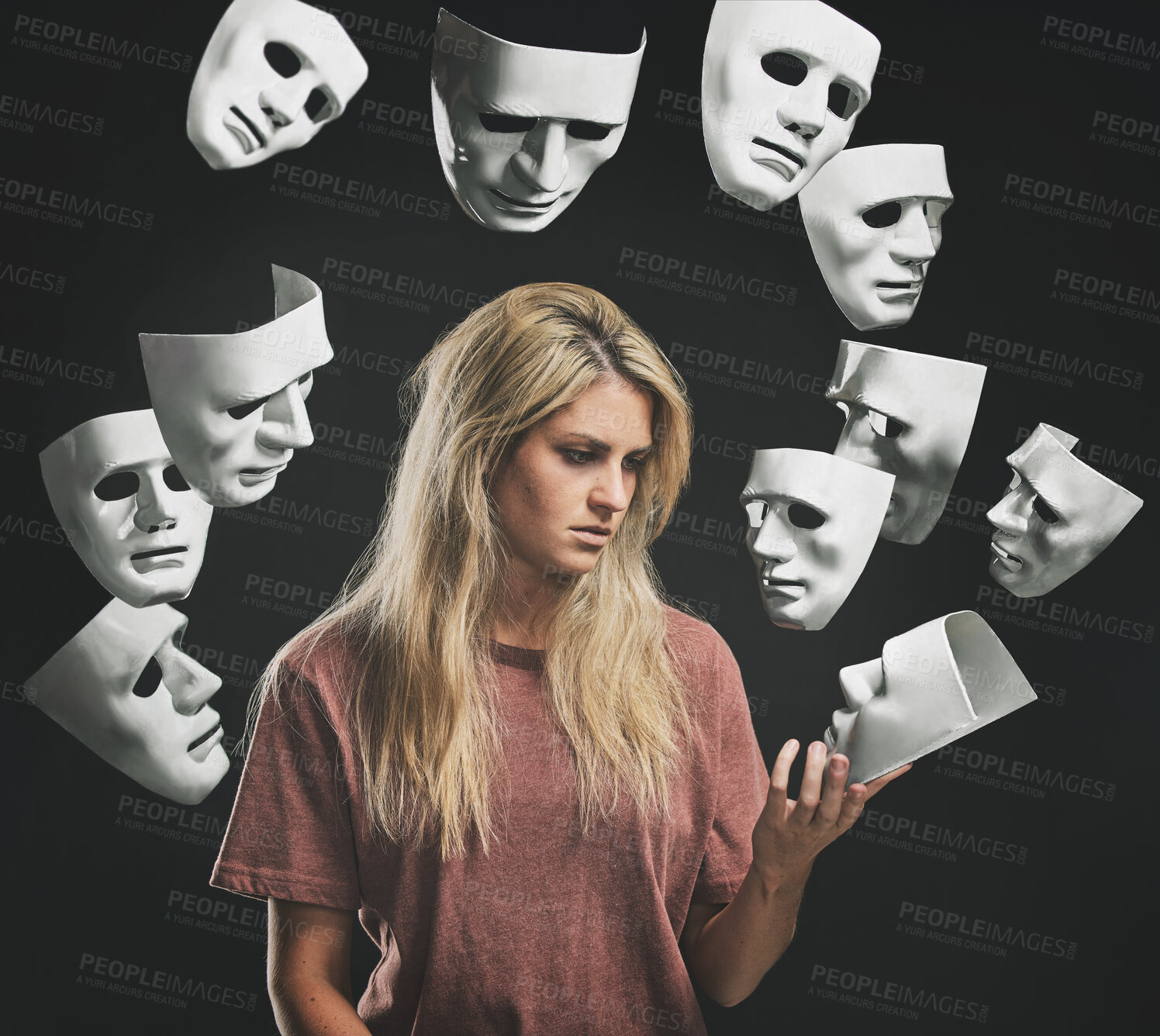 Buy stock photo Bipolar masks, woman with mental health problems, psychologist or therapist and medication help. Anxiety, depression and schizophrenia need therapy or chemical help from prescription pills or drugs 