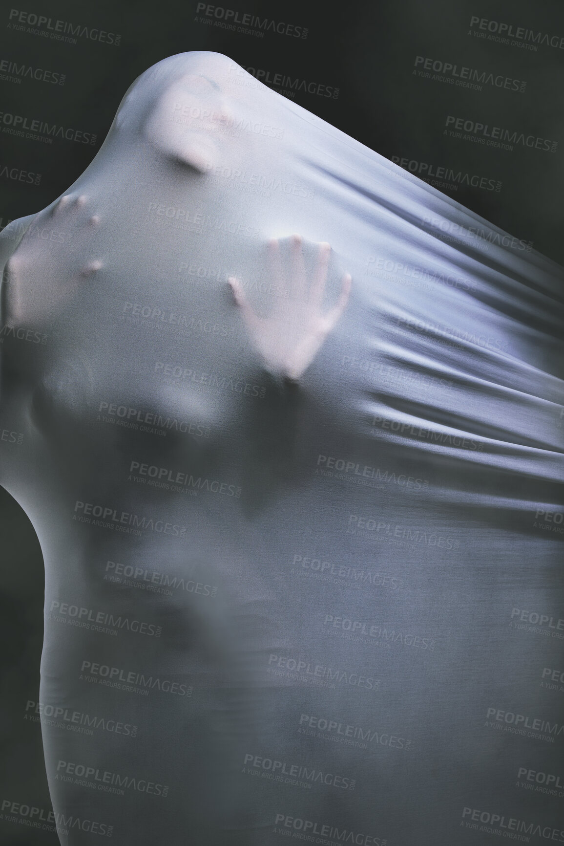 Buy stock photo Psychology, fabric and horror with the hands of a woman trapped in textile in studio on a dark background. Curtain, help and dream with a female ghost draped in white material while looking scary