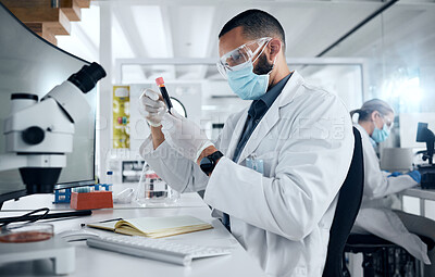 Buy stock photo Man, lab and research in science to study dna of virus with PPE for safety, wellness and health. Doctor, scientist or biologist work as team in laboratory, analysis of data and covid for healthcare