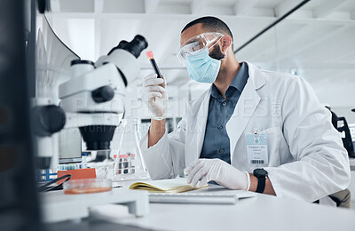 Buy stock photo Science, blood and covid esearch with a man engineer working in a lab on DNA for innovation, cure and vaccine.  Medicine, healthcare and development with a scientist at work in a medical laboratory