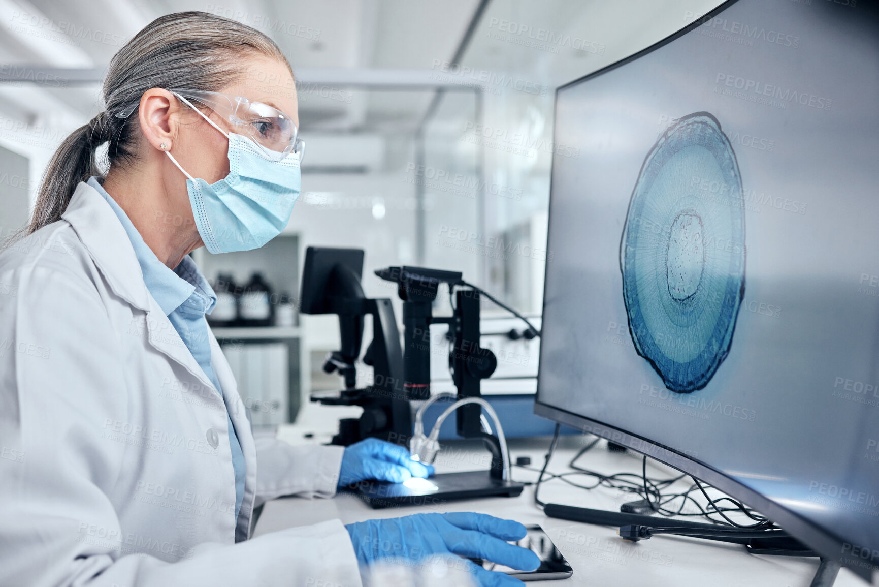 Buy stock photo Scientist with computer screen, digital microscope and ppe analysis of bacteria for virus test, vaccine or research innovation and technology. Medical virus expert woman with pc monitor in laboratory