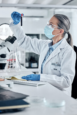 Buy stock photo Scientist, pathology and blood or DNA science woman working in a lab for covid research, innovation and cure with sample test tube. Analytics and medical breakthrough with safety female in laboratory