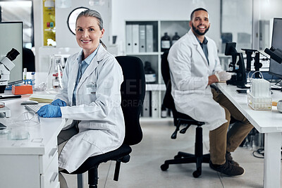 Buy stock photo Science, research and innovation with a man and woman scientist working in a medical lab together. Healthcare, analytics and discovery with a medicine team at work in a scientific laboratory