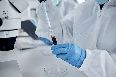 Buy stock photo Hands, scientist and blood pipette test tube for research, sample analysis or dna testing. Medical doctor, laboratory worker or chemist working with chemical dropper for health or disease diagnosis

