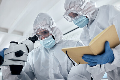 Buy stock photo Scientists hazmat suit, microscope and laboratory research planning, dna test and corona virus vaccine development. Professional science team, medical workers and healthcare analysis in safety ppe
