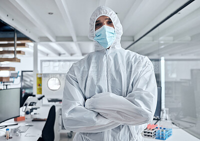 Buy stock photo Covid, safety and portrait of man in hazmat suit to protect against covid 19 pandemic, risk or corona virus. Ppe, face mask and medical healthcare worker, doctor or scientist in science laboratory