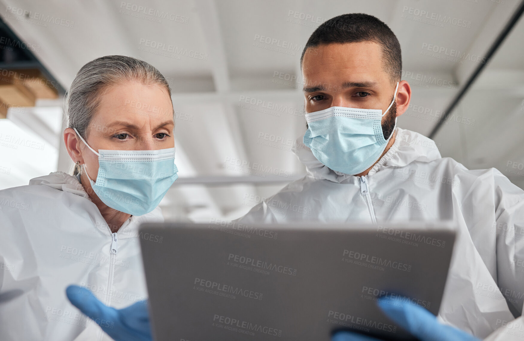 Buy stock photo Scientist team, covid laboratory research and tablet information, data analysis and medical test results. Science experts with face masks ppe planning digital innovation, vaccine development and tech