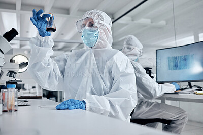Buy stock photo Blood, covid and doctors in a science laboratory testing dna and rna to research, analysis and analyze the chemistry. Medical scientists in hazmat suit and safety mask working on vaccine innovation