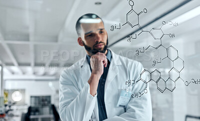 Buy stock photo Science, research and DNA with a man engineer or scientist working on glass in a laboratory for innovation and healthcare. Analytics, formula and RNA with a medicine professional thinking of an idea