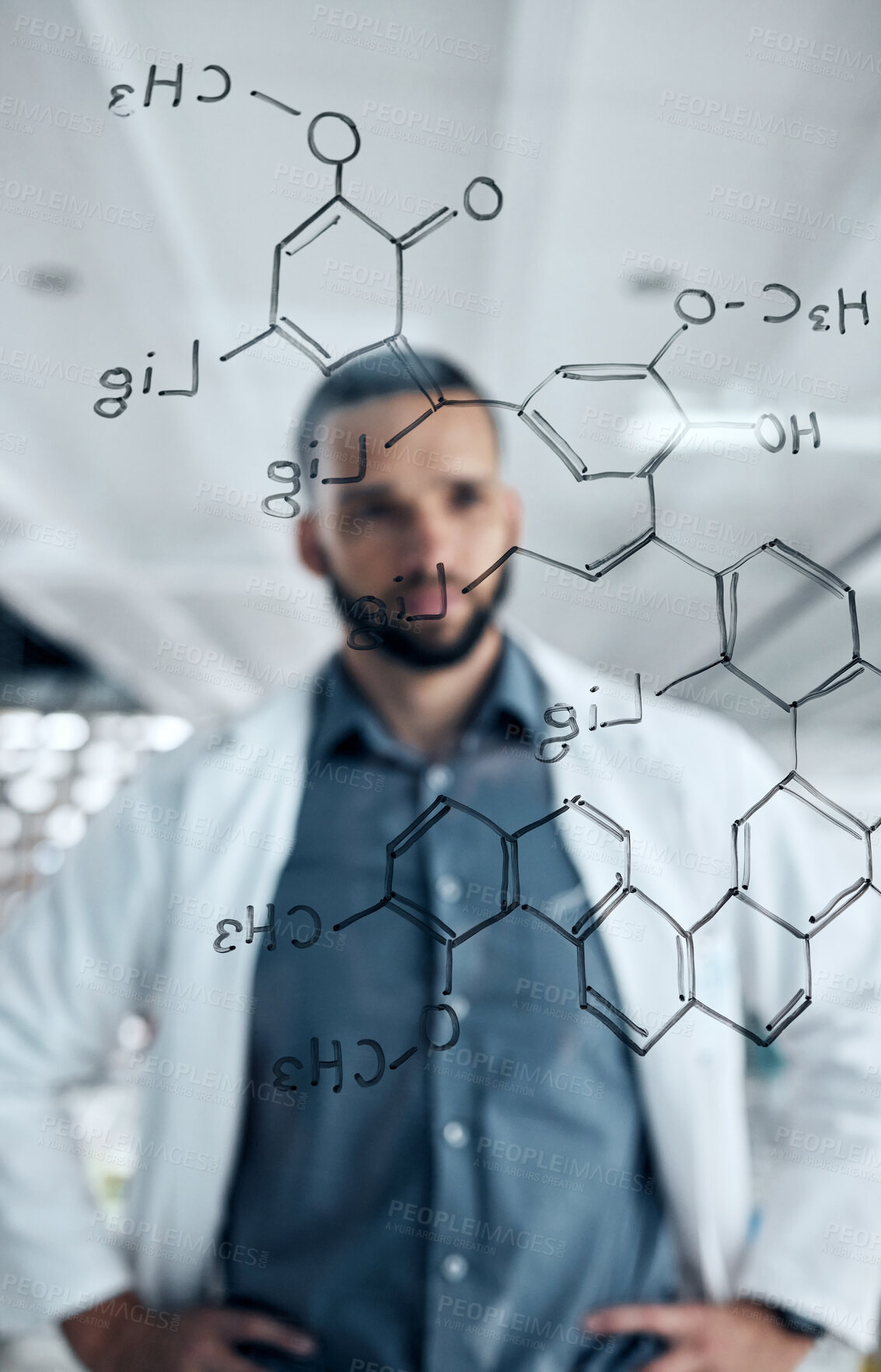 Buy stock photo Chemistry man, glass wall and formula writing in science laboratory for medical research, healthcare study and dna analytics. Thinking scientist with chemical compound analysis in vaccine innovation