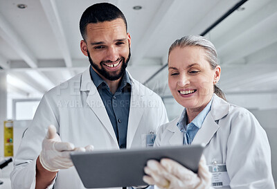 Buy stock photo Science, teamwork and tablet and scientist in laboratory for review on medical, vaccine and pharmacy investigation. Research, innovation and digital with woman and man working on healthcare medicine 