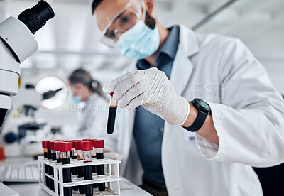 Buy stock photo Covid, science and blood with doctor in laboratory with a face mask, working on vaccine, medical and research investigation. Innovation, healthcare and medicine with expert scientist for pharmacy