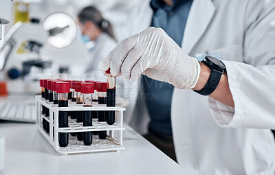 Buy stock photo Scientist, science and dna blood sample test tube in pathology lab with gloves doing research and working on vaccine or medical investigation. Innovation, breakthrough and medicine with hands of man
