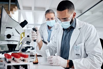 Buy stock photo Scientist, blood sample and dna analysis, laboratory research and medical investigation. Expert science staff team, dropper and test tube for chemistry, genetics and healthcare vaccine in medicine