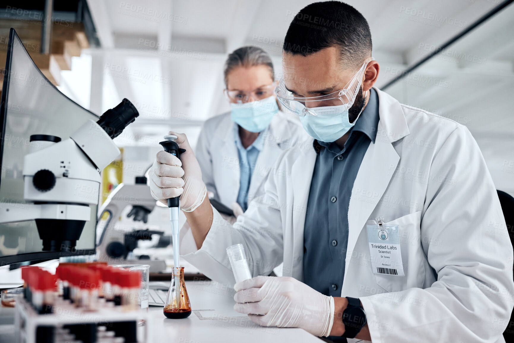 Buy stock photo Scientist, blood sample and dna analysis, laboratory research and medical investigation. Expert science staff team, dropper and test tube for chemistry, genetics and healthcare vaccine in medicine
