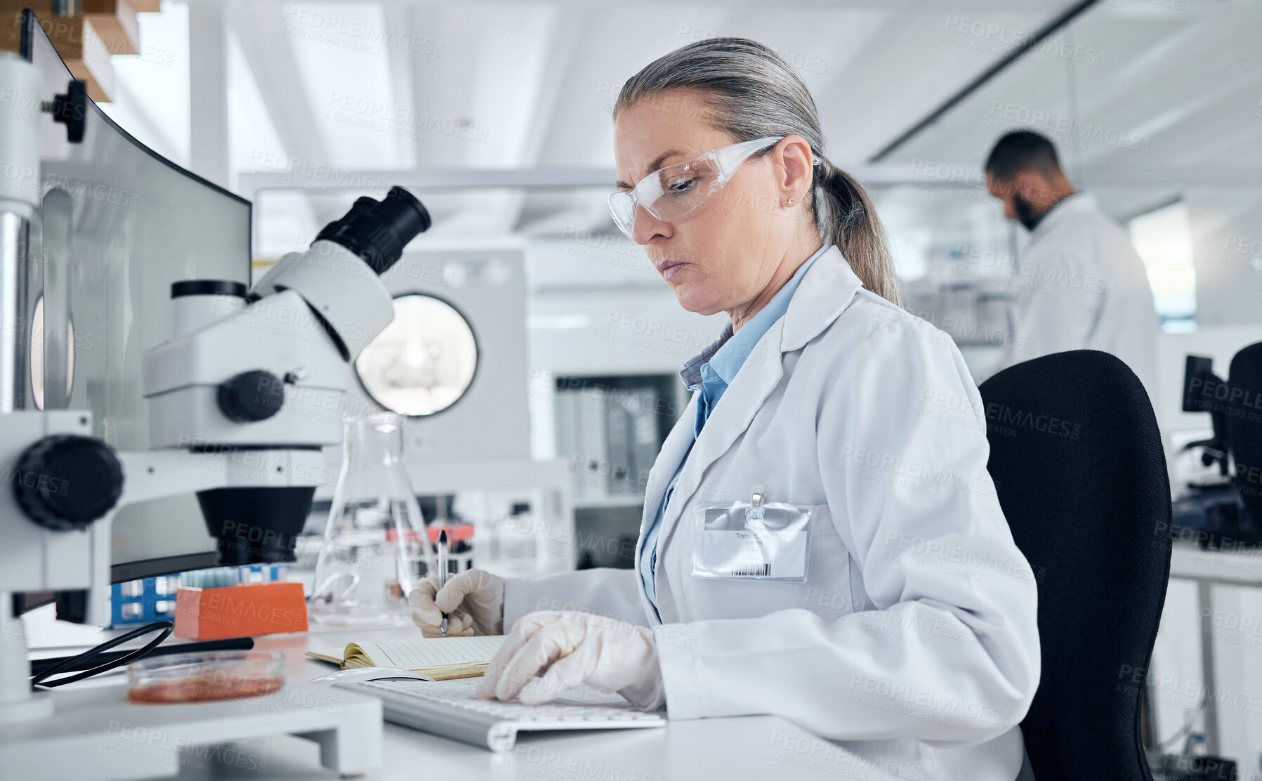 Buy stock photo Laboratory, microscope and woman typing on computer for medical data, petri dish test results or healthcare cancer research. Mature scientist, worker or dna science engineer in Sweden with technology