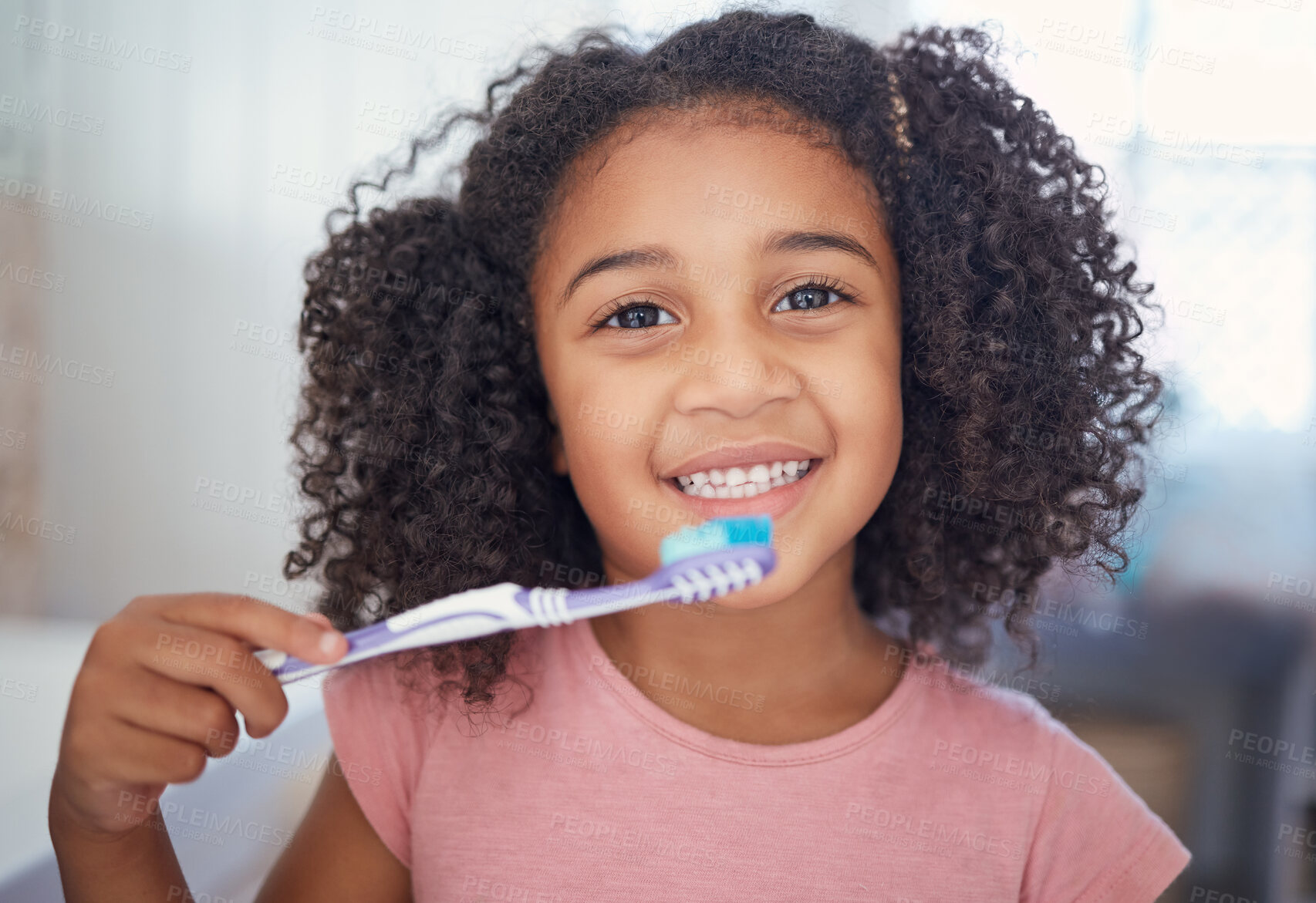 Buy stock photo Young girl kids, portrait and brushing teeth, dental healthcare and bathroom toothbrush in Brazil home. Happy, smile and black child face cleaning mouth, healthy wellness development and fresh breath