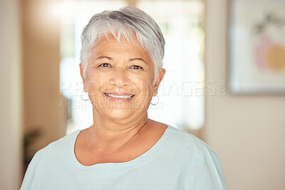 Buy stock photo Happy woman, senior portrait and relax in home for retirement, healthy old age process and wellness in Colombia. Face elderly latino grandmother smile, happiness and lifestyle of wisdom in apartment