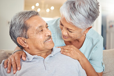 Buy stock photo Love, senior couple and trust between partners at home to relax, bond and enjoy free time together during retirement in healthy relationship or marriage. Happy old man and woman in their Mexico house