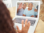 Senior couple, video call on laptop and talking to family, wave hello and home network telecom connection online. Elderly people internet virtual communication, conversation and chat screen tech app