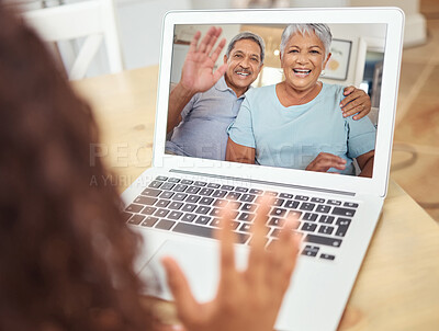 Buy stock photo Senior couple, video call on laptop and talking to family, wave hello and home network telecom connection online. Elderly people internet virtual communication, conversation and chat screen tech app