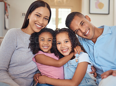Buy stock photo Portrait, happy family and living room sofa hug, smile and bonding for love, happiness and joy together at home. Parents of mother, father and girl children or kids on lounge couch smiling at house
