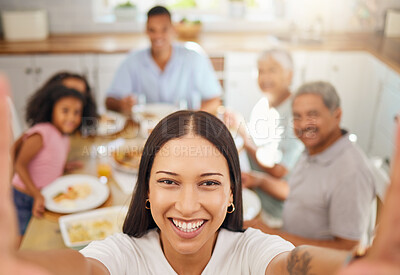 Buy stock photo Lunch, Mexico family selfie and food in kitchen dining room table for summer reunion or quality time together. Puerto Rico mother, grandparents and children portrait photo for lunch memory