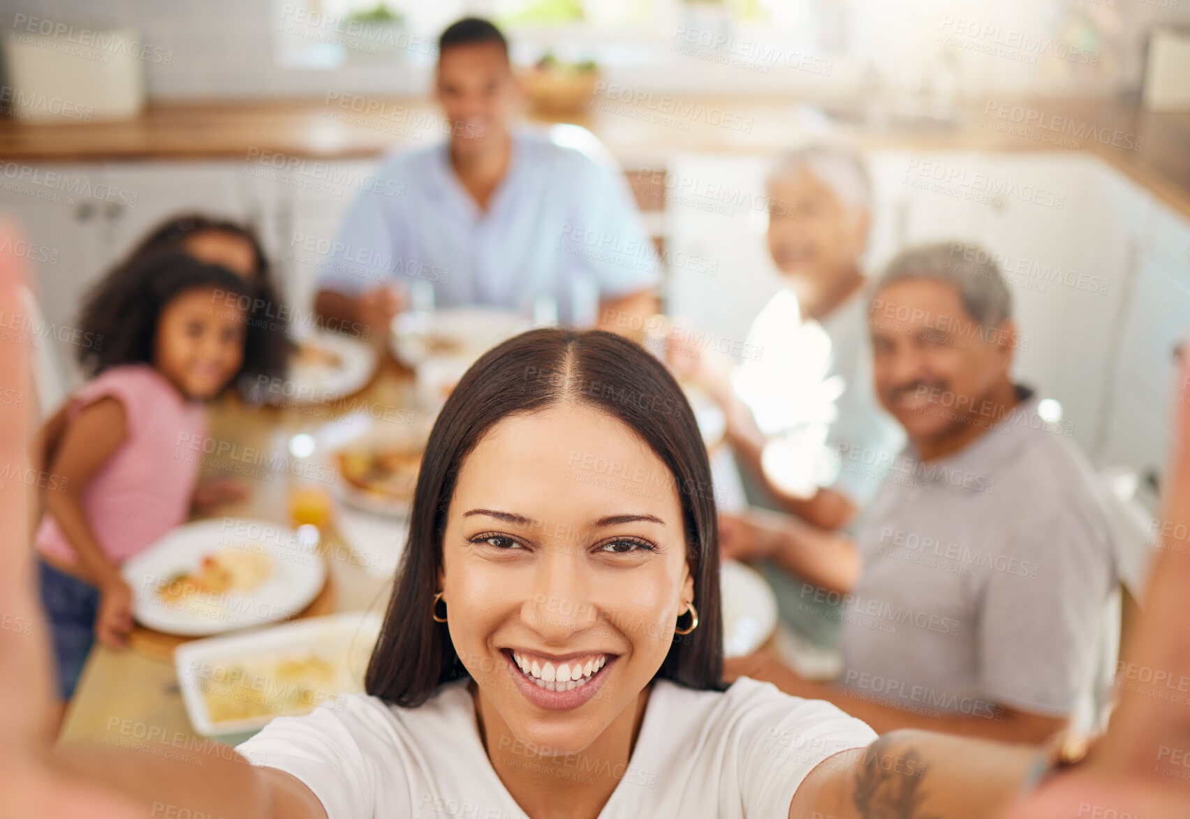 Buy stock photo Lunch, Mexico family selfie and food in kitchen dining room table for summer reunion or quality time together. Puerto Rico mother, grandparents and children portrait photo for lunch memory
