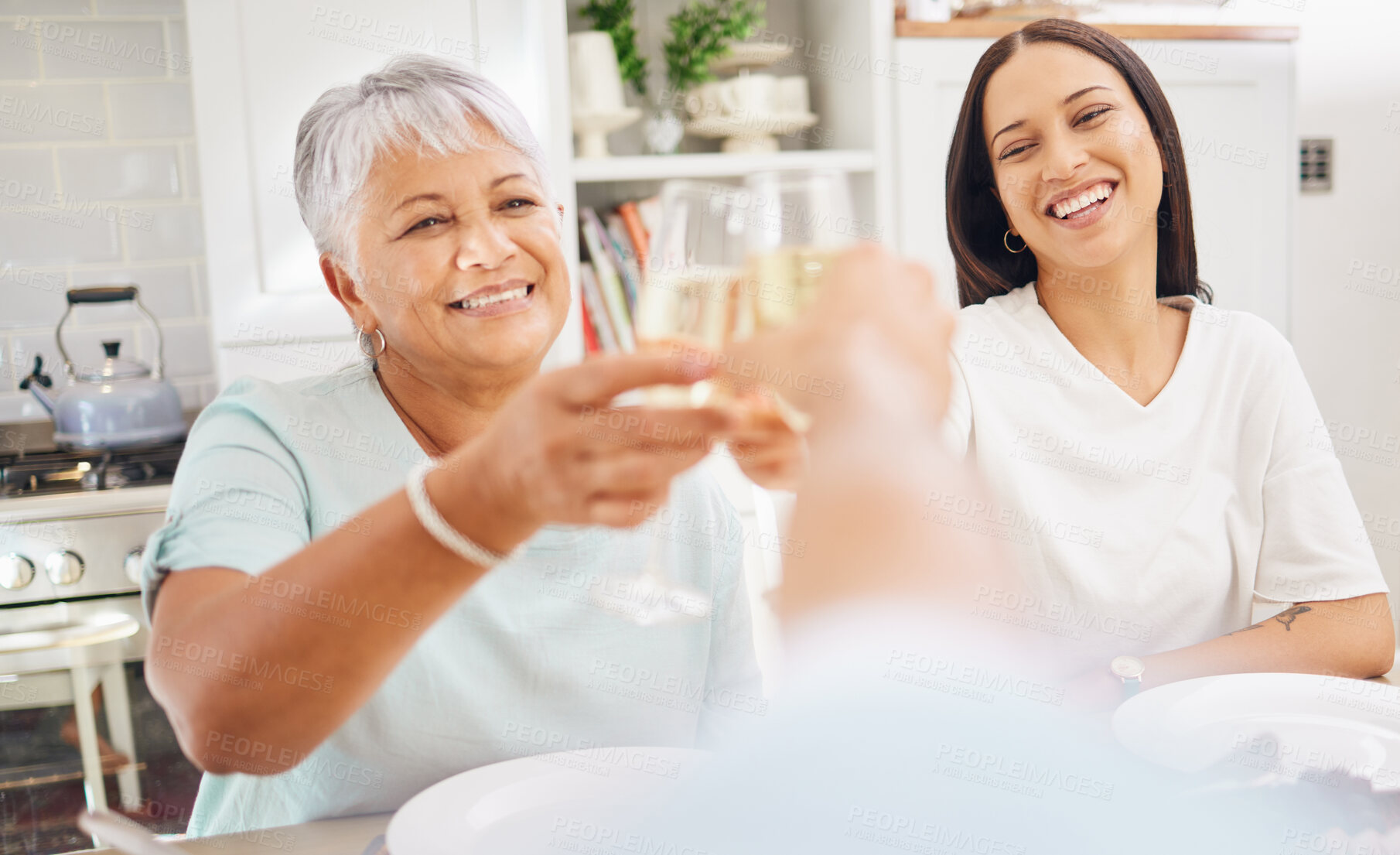 Buy stock photo Champagne, old woman and toast pov of person with grandmother and daughter in home kitchen. Cheers, celebration and smile with alcohol glass, beverage or wine drink cheer at party or family gathering