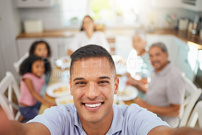 Buy stock photo Big family, selfie and dinner in a house kitchen with a happy man smile. Happiness of bonding people from Mexico together with home cooking food on the table feeling gratitude and love with kids