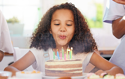 Buy stock photo Birthday, kid and cake candles celebration of a girl from Atlanta at a party at home. Celebrate, happy and candle blowing of child with happiness, food and people at a kids event in a house 