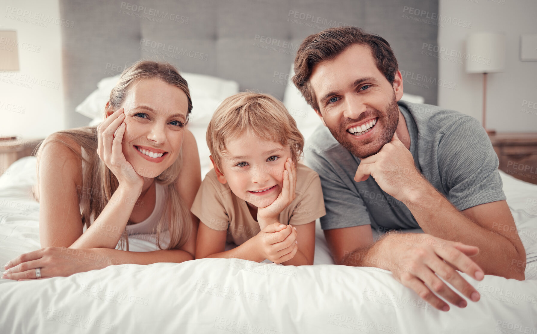 Buy stock photo Love, bed and portrait of relax happy family with smile, happiness and enjoy quality time together in Australia hotel bedroom. Holiday, vacation and bonding for group of people, parents and kid child