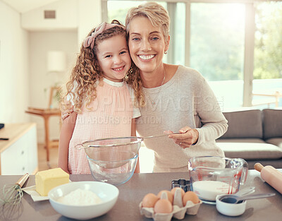 Buy stock photo Portrait, mother and child baking in a happy family kitchen with young girl learning to bake a cake or cookies at home. Smile, development and mom teaching kid cooking skills and independence in USA