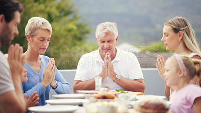 Buy stock photo Big family food, praying thanks and prayer for lunch, dinner table and worship, gratitude and respect in Australia. Kids, parents and grandparents trust god, faith and religion before eating together