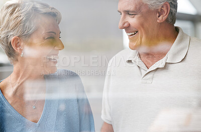 Buy stock photo Senior, couple and happy love of woman and a man laughing together in retirement. Elderly people enjoy a funny conversation with happiness, joy and life gratitude smile in a house speaking