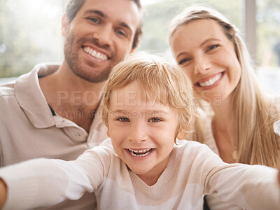 Buy stock photo Family, smile and happy selfie of boy relaxing with parents together on break at home. Portrait of white child, mother and father in fun bonding time with smiling faces in happiness for relationship
