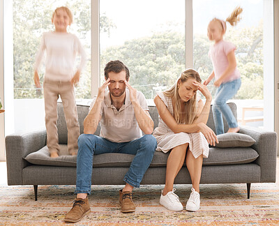 Buy stock photo Stress parents, kids and jump on sofa in living room child problem for tired, sad and overworked mom and dad at home. Burnout, unhappy and sad mother and father on lounge couch with trouble children