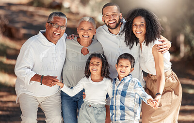 Buy stock photo Black family in a park portrait for summer holiday, outdoor wellness and growth development with elderly grandparents and children. African grandmother, grandfather with dad, mom and kids lens flare