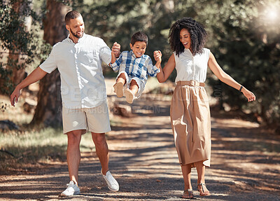 Buy stock photo Smile, nature and happy family in a park walking and having fun as a young child plays with mother and father in USA. Love, happiness and parents enjoy quality time and bonding with kid in summer