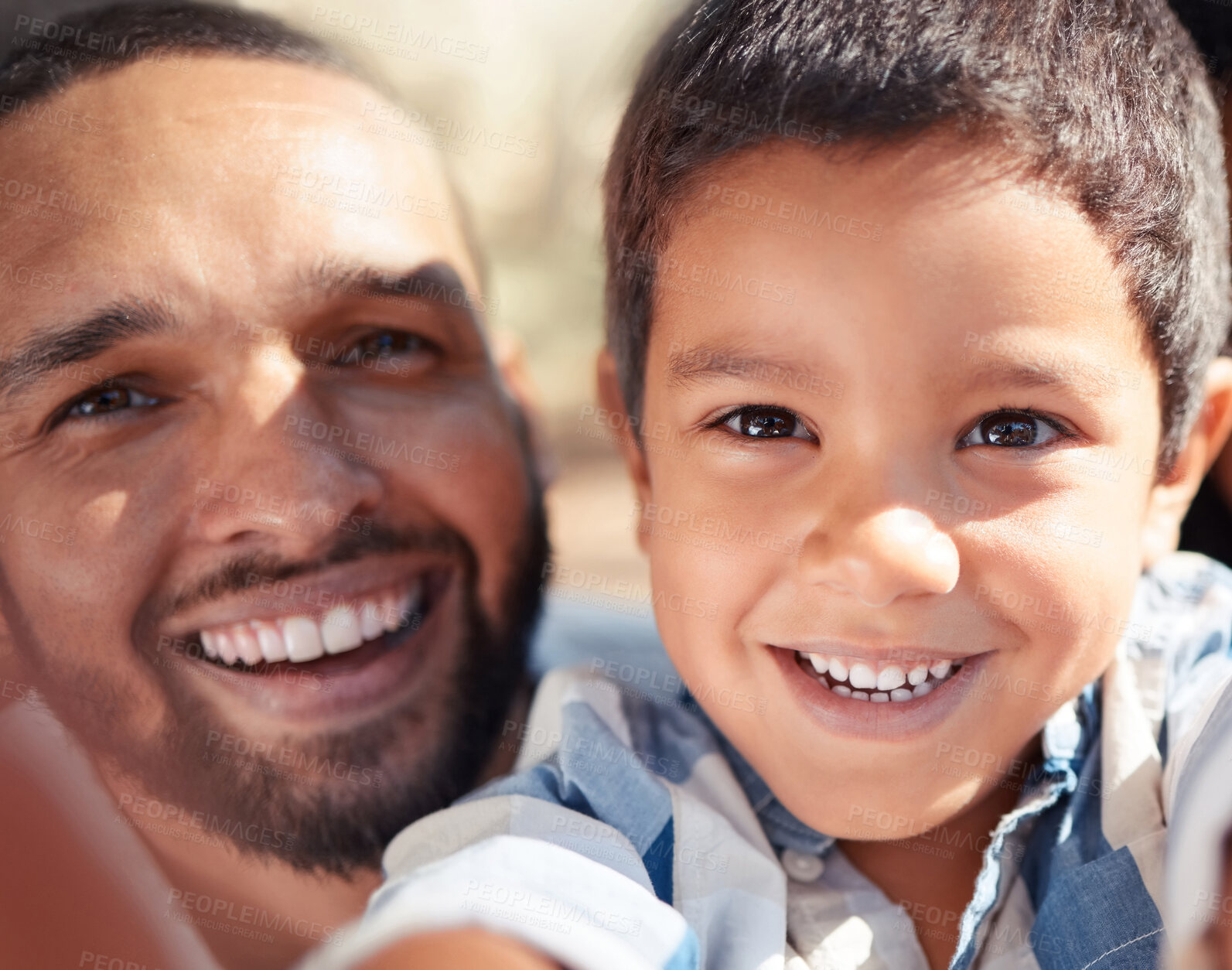 Buy stock photo Portrait, father and child take a selfie in nature for a fun memory together in a park on summer holiday vacation. Smile, family and dad with son or boy enjoying outdoors in Mexico and quality time