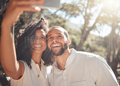 Buy stock photo Black couple, smile and phone selfie in nature for summer vacation, adventure and fun together outdoors. Portrait of a happy African man and woman in relationship smiling for photo in South Africa