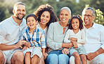Big family portrait in a park with grandparents and children for summer, outdoor holiday and wellness. Happy grandmother, grandfather with mom, dad and kids in nature, vitamin d and bokeh lens flare