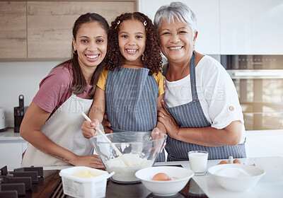 Buy stock photo Cooking, girl and women bond in kitchen for dessert, breakfast food or sweet recipe in house or home. Family portrait, happy smile or baking child learning with parent or Brazilian senior grandmother