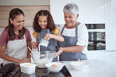 Buy stock photo Cooking, girl or women bond helping with milk in dessert, breakfast food or sweet recipe in house or family home kitchen. Happy, smile or baking parent, senior grandmother or learning Brazilian child