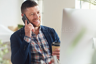 Buy stock photo Businessman using smartphone talking with client on mobile phone call in office holding coffee