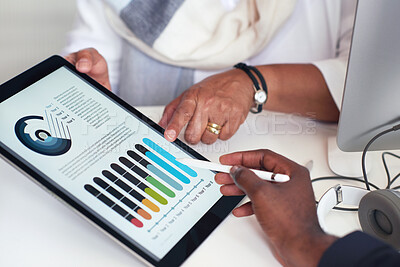 Buy stock photo Business people hands using digital tablet computer with financial data on screen meeting in office