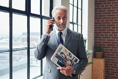 Buy stock photo Senior businessman executive using smartphone talking having mobile phone call conversation in office by window